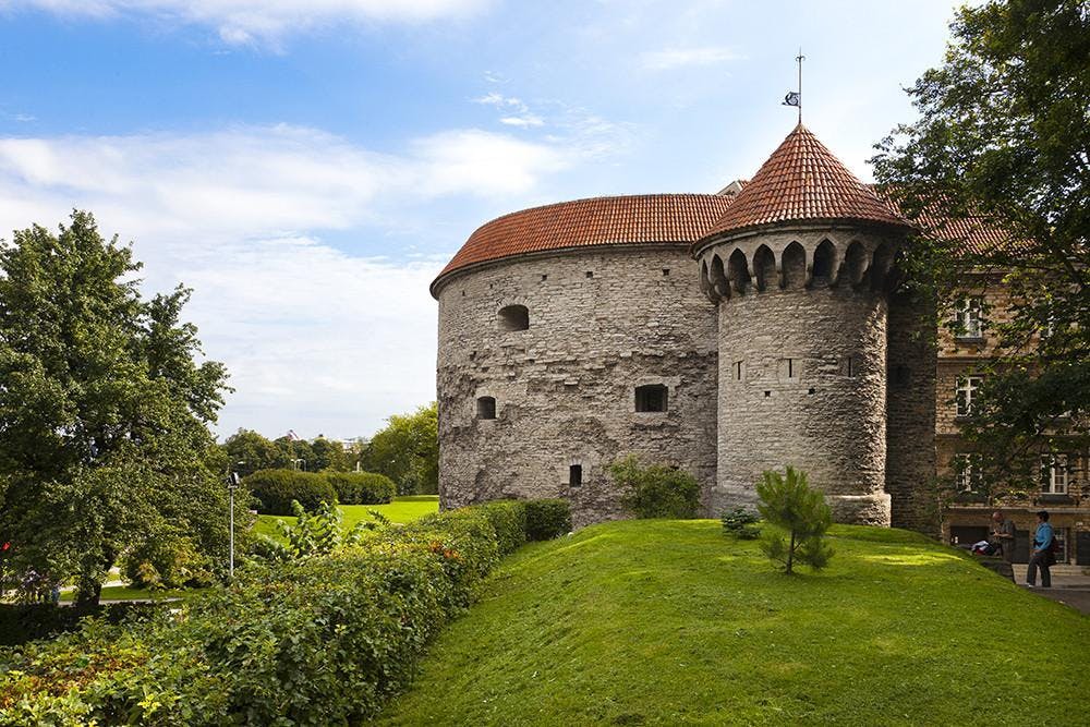둥근 탑과 붉은 기와 지붕이 있는 석조 성으로, 부분적으로 흐린 푸른 하늘 아래 푸른 잔디와 관목으로 둘러싸여 있습니다.