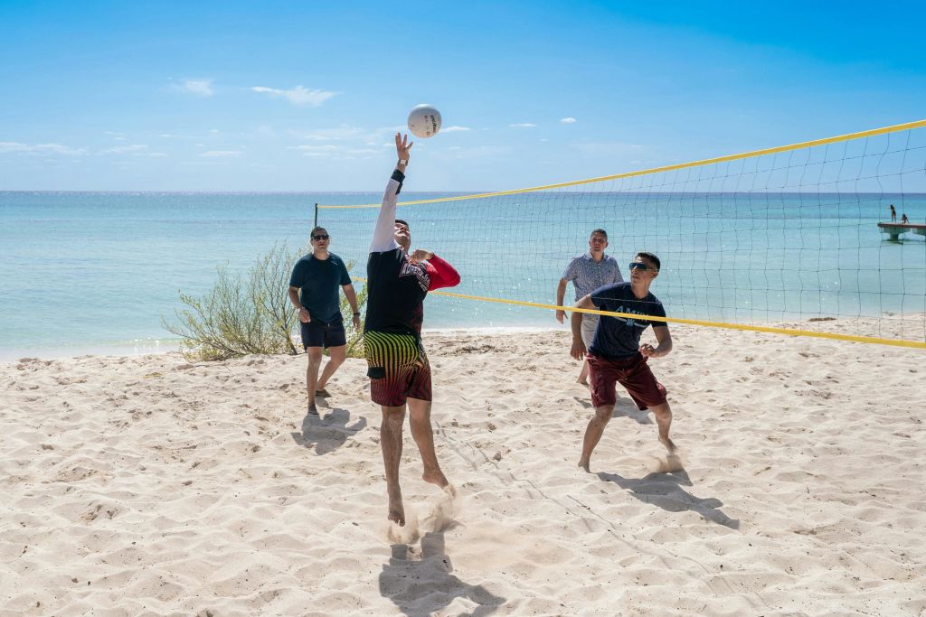 4명이 바다 근처에서 비치 발리볼을 하고, 한 명의 선수가 네트를 통해 공을 치기 위해 손을 뻗습니다.
