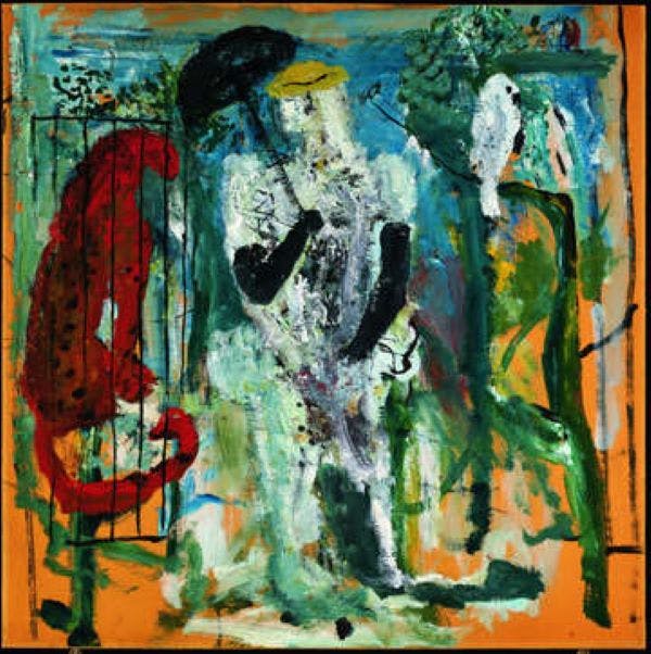 우산이 달린 인물을 그린 추상화로, 왼쪽에는 붉은 동물이, 오른쪽에는 흰 새가 측면에 있습니다. 대담하고 선명한 색상.