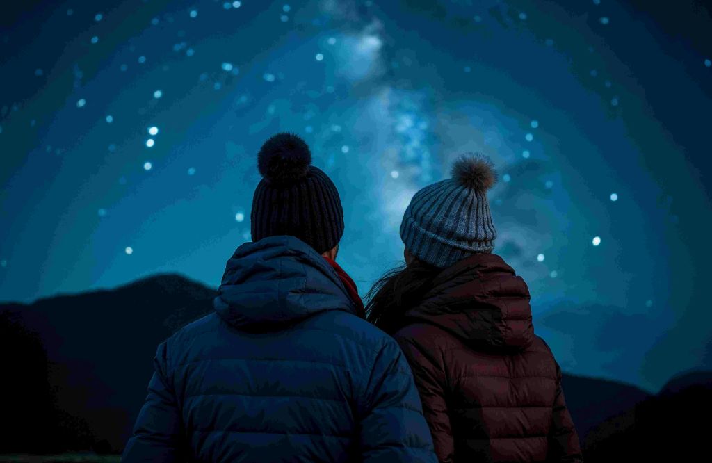 겨울 재킷과 비니를 입은 두 사람이 가까이 서서 은하수가 보이는 별이 가득한 밤하늘을 바라보고 있습니다.