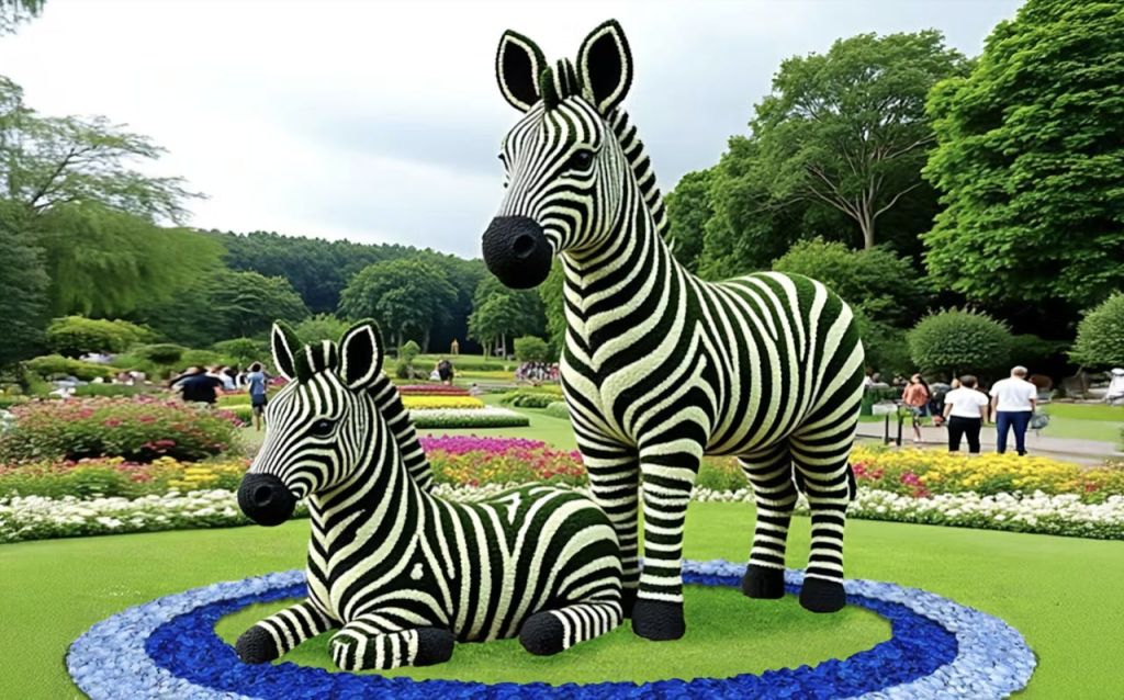 다채로운 꽃과 녹음이 있는 조경된 정원에서 식물 소재로 만든 두 개의 얼룩말 조각.