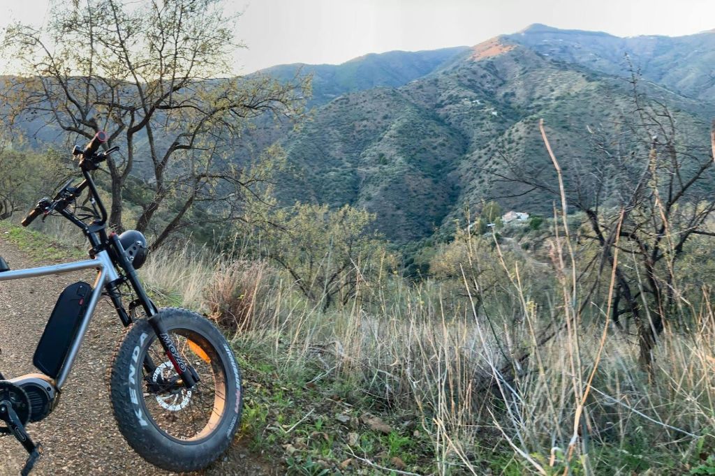 희박한 초목과 나무로 뒤덮인 언덕 풍경의 전경을 감상할 수 있는 트레일 위의 팻 타이어 자전거.