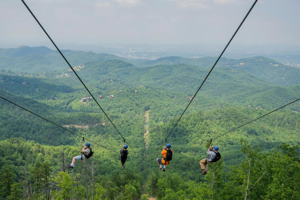 저 멀리 언덕과 맑고 푸른 하늘을 배경으로 울창한 푸른 숲 위로 4명이 집라인을 타고 있습니다.