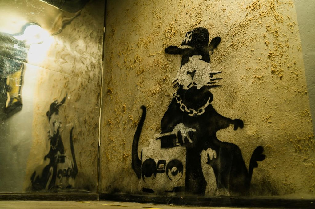 모자와 체인을 착용하고 붐박스를 들고 있는 고양이의 그래피티가 질감이 살아있는 베이지색 벽에 그려져 있습니다.