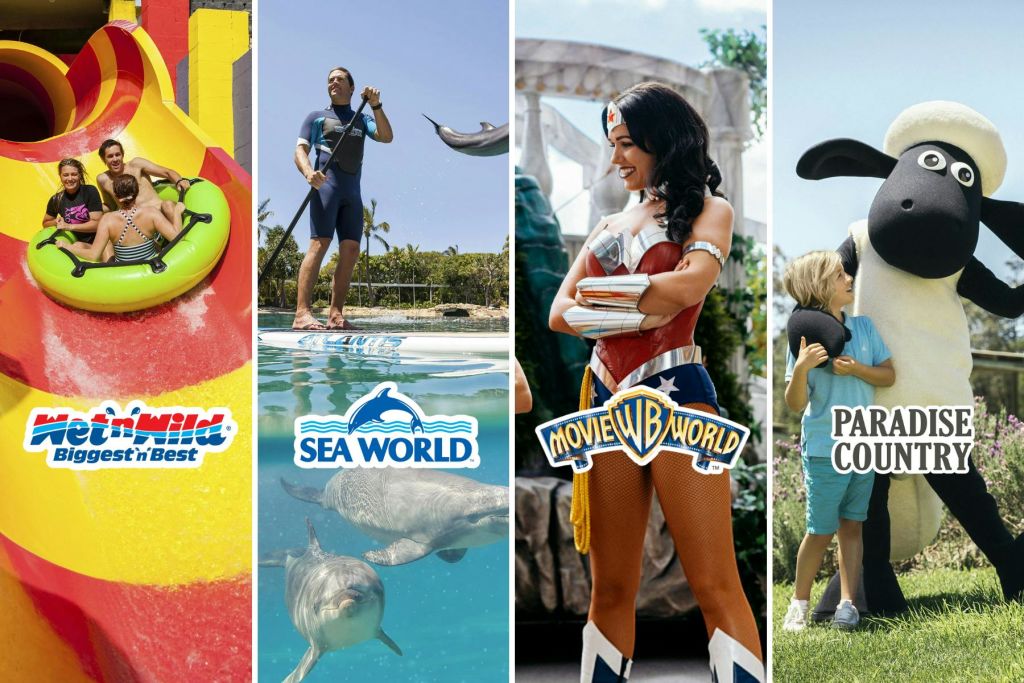 워터 슬라이드를 탄 가족, 돌고래와 함께 패들보드를 타는 남자, 슈퍼히어로로 분장한 사람. Wet 'n' Wild, Sea World, Movie World 로고.