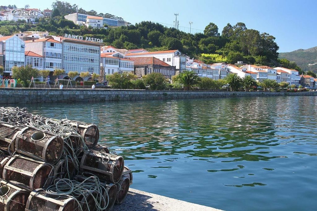 전경에 낚싯대를 쌓아 올린 항구, 물, 붉은 지붕을 배경으로 한 건물.