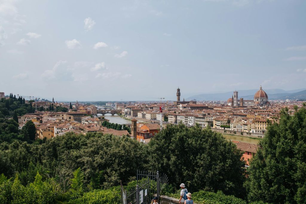 높은 역사적 건물, 흐르는 강, 울창한 푸른 나무가 있는 도시 전경이 파노라마처럼 펼쳐집니다.