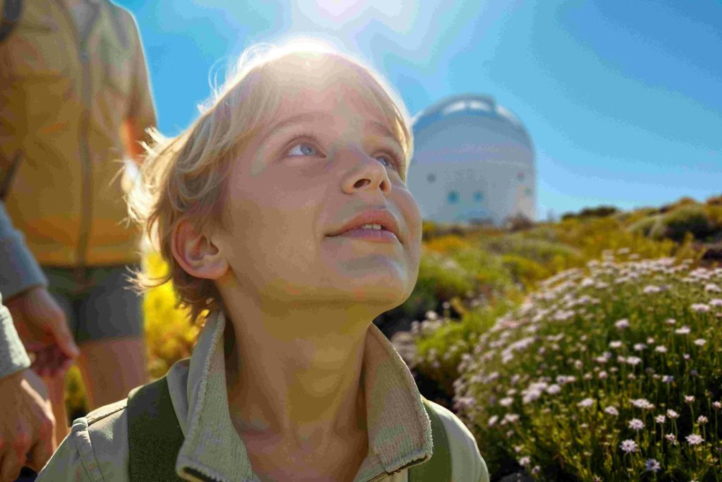 한 어린이가 햇빛을 받으며 미소를 짓고 있습니다. 배경에는 다른 사람이 있고 언덕에 돔 모양의 건물이 있습니다.