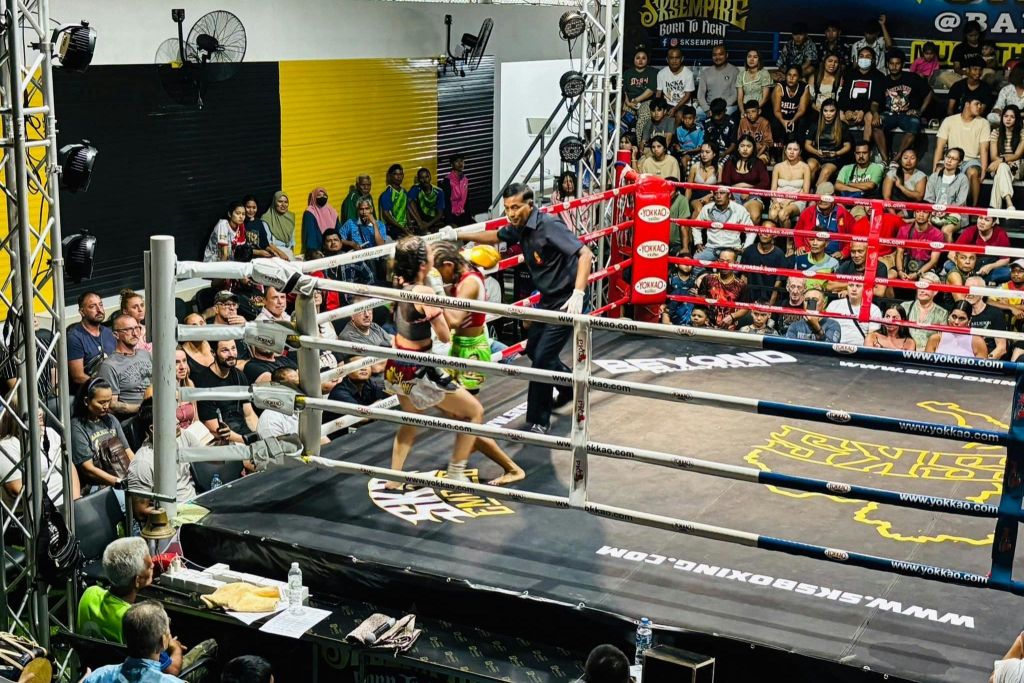 실내 경기장에서 두 명의 선수가 관중과 심판에게 둘러싸인 복싱 링에서 경쟁합니다.