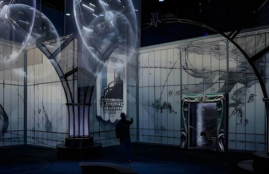 사람은 해부학적인 주제의 희미한 조명 전시에서 골격 이미지를 묘사하는 크고 반투명한 구체를 가리킵니다.