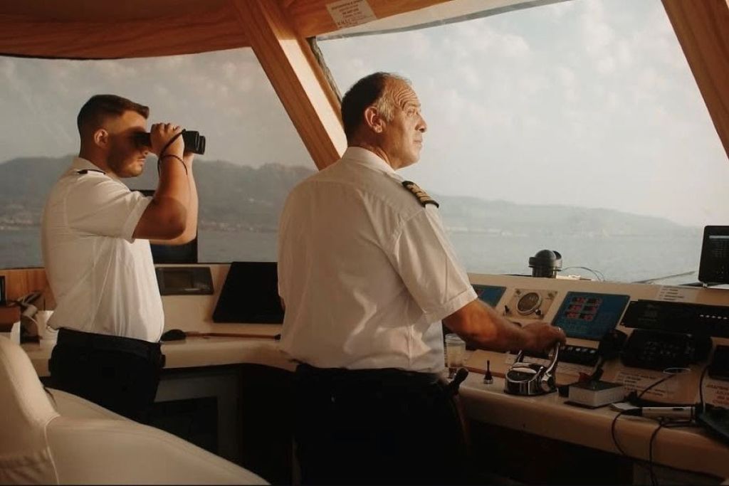 유니폼을 입은 선장은 창문을 통해 아름다운 전망을 감상하며 선박의 교량에서 제어 장치를 작동합니다.