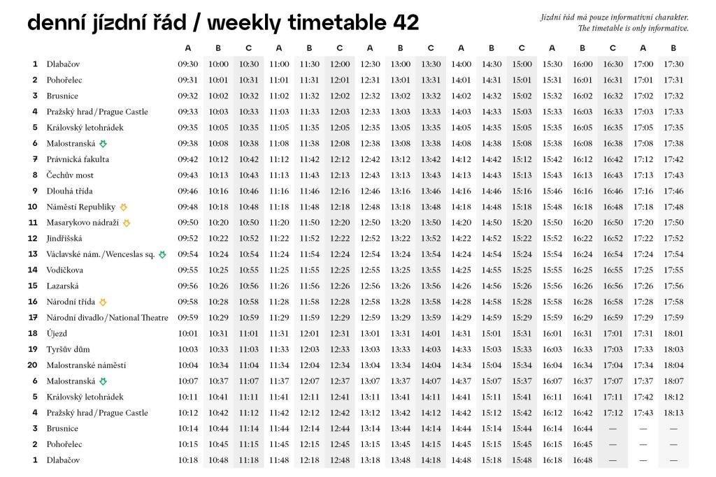 '42' 로 표시된 주간 시간표는 A, B, C열의 다양한 장소에 대한 출발 시간을 9시 30분부터 16시 48분까지 보여줍니다.