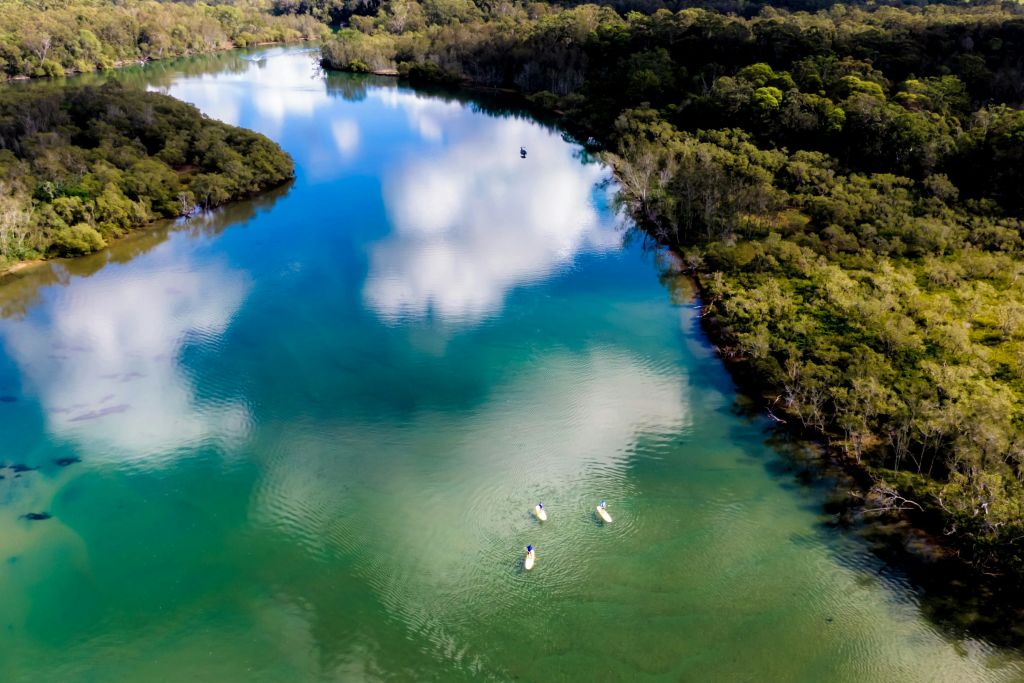강을 따라 내려가는 패들보더의 공중 전망