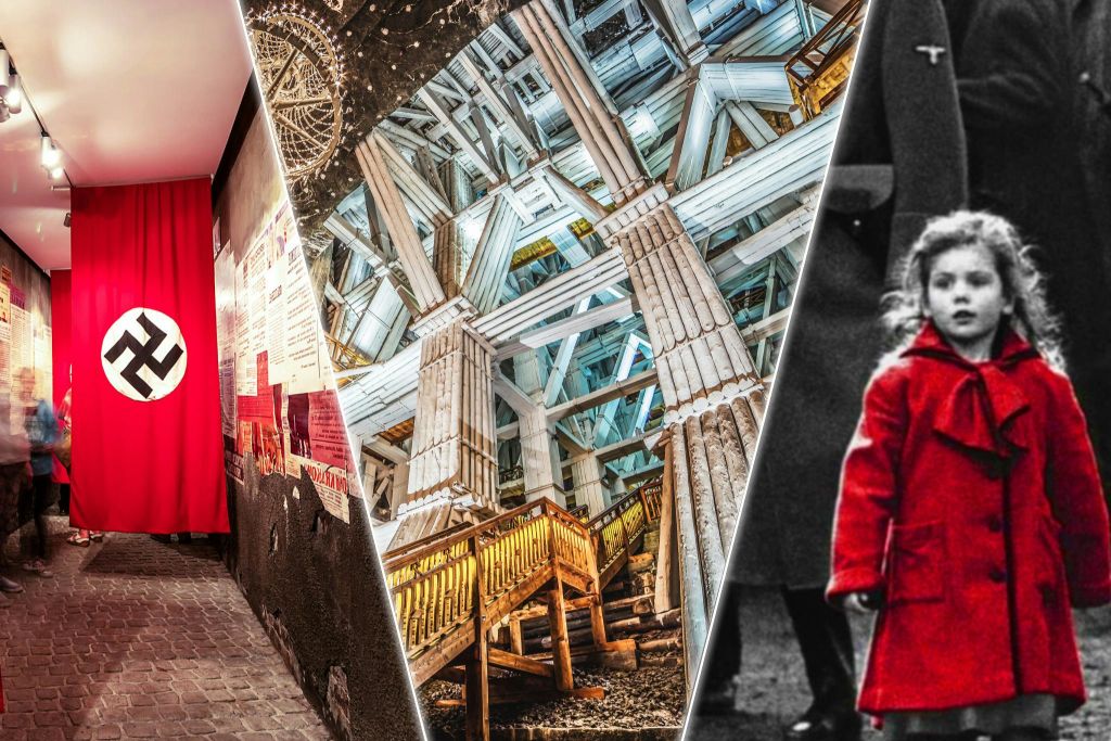 빨간 코트를 입은 어린 소녀의 단색 이미지와 나란히 놓인 높은 기둥과 대들보가 있는 웅장한 목조 구조물.