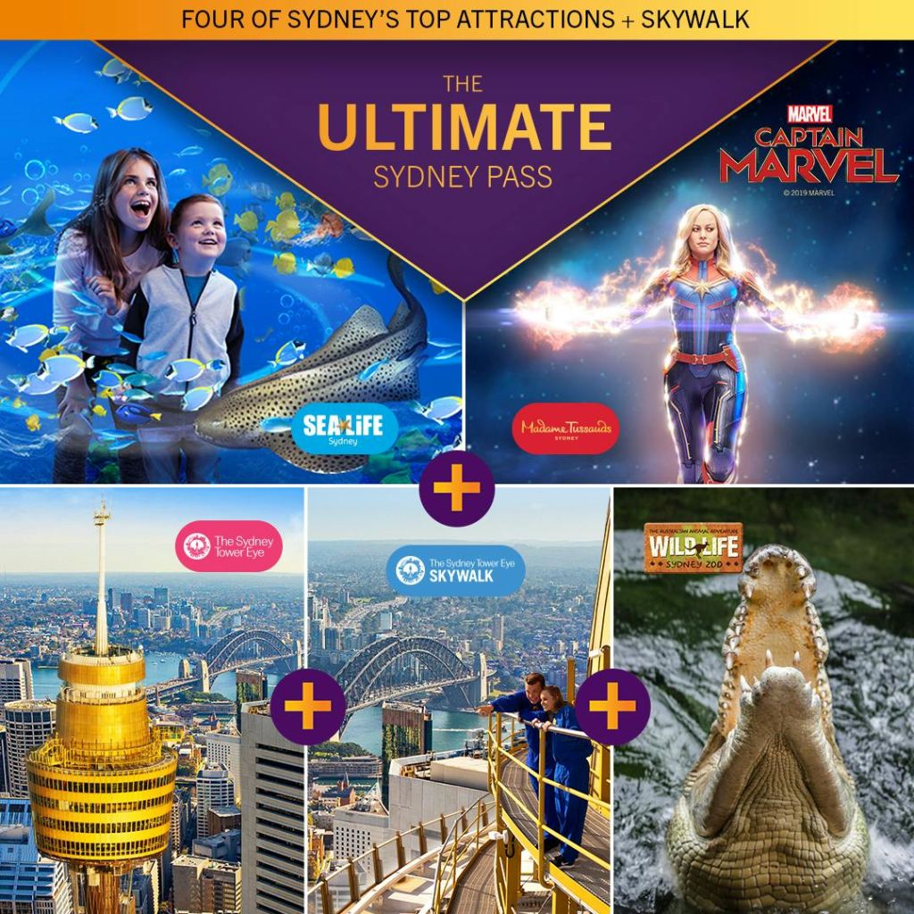 SEA LIFE, Madame Tussauds, Captain Marvel, Sydney Tower Eye, Skywalk 및 WILD LIFE Sydney Zoo를 특징으로 하는 "The Ultimate Sydney Pass" 의 프로모션 콜라주.