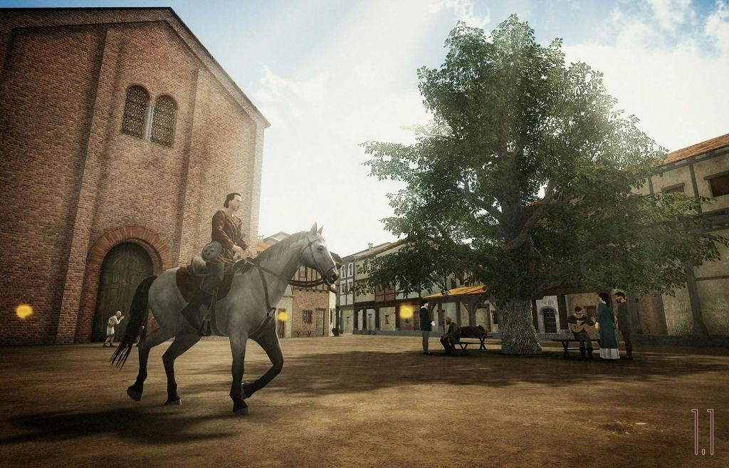 한 사람이 건물과 커다란 나무가 있는 햇살이 비치는 마을 광장에서 말을 타고 지나가고 있습니다.