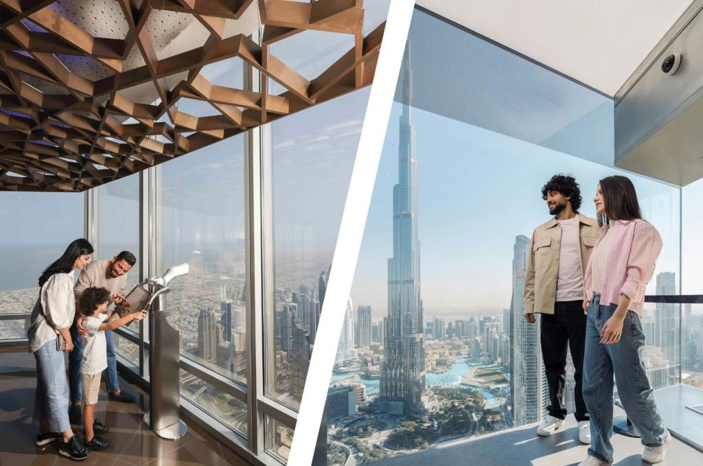 높은 고층 건물과 주변 건물 등 도시 풍경을 한눈에 내려다볼 수 있는 유리벽 전망대에 한 커플이 서 있습니다.