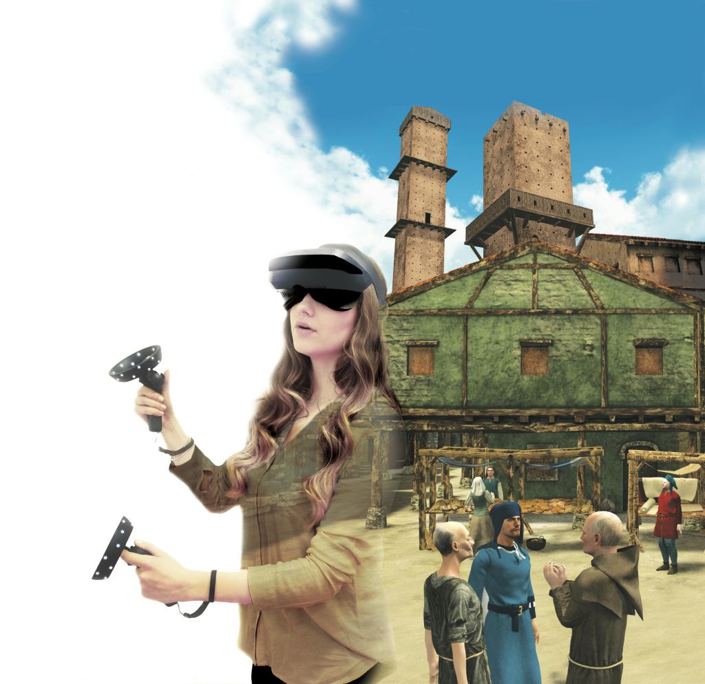 VR 헤드셋과 컨트롤러를 사용하는 여성. 배경은 역사적인 복장을 한 사람들이 있는 중세 마을 장면을 보여줍니다.
