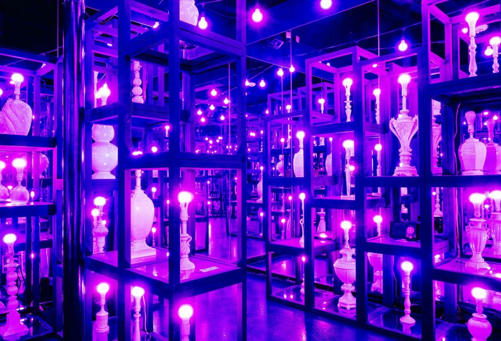 보라색 조명 아래 다양한 흰색 꽃병과 램프를 수납할 수 있는 선반이 있는 조명 객실입니다.