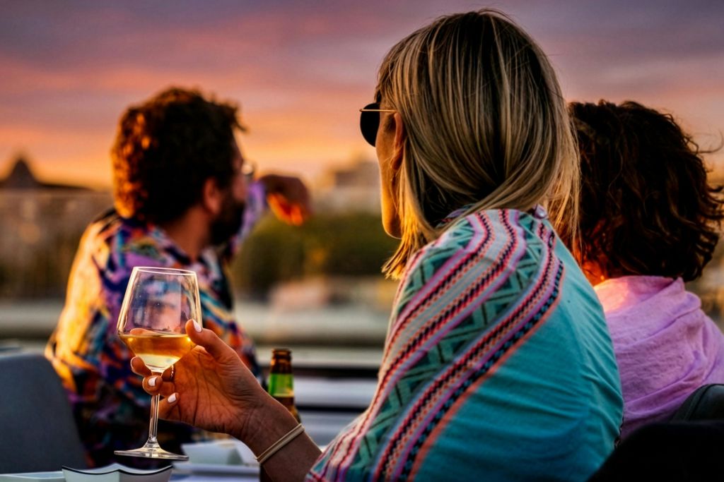 석양이 질 무렵 야외에서 와인잔을 들고 다른 사람들과 대화를 나누는 사람.