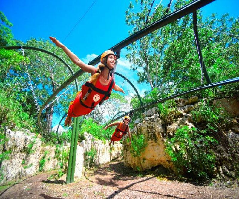 밝은 날 울창한 녹지를 가로지르는 집라인을 사용하는 사람들은 팔짱을 끼고 흥분합니다.