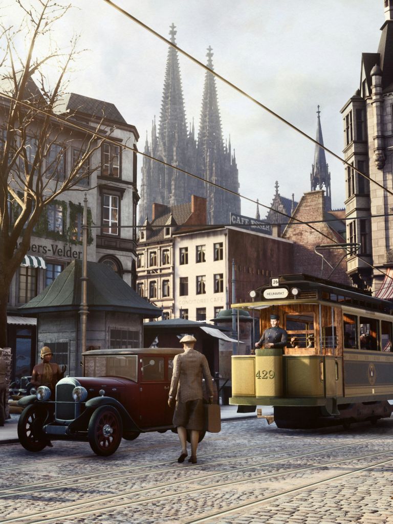 트램, 빈티지 자동차, 건물, 대성당을 배경으로 역사적인 거리 풍경이 펼쳐집니다. 사람들이 있습니다.