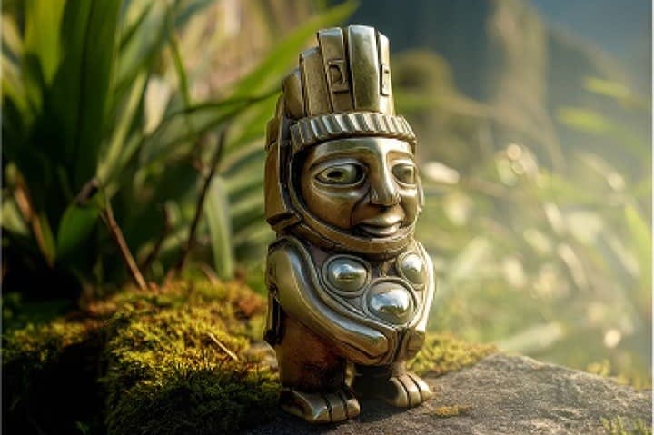 인간과 같은 얼굴과 머리 장식이 이끼가 깔린 땅에 서 있는 자연스러운 분위기의 작고 정교하게 제작된 황금 조각상입니다.