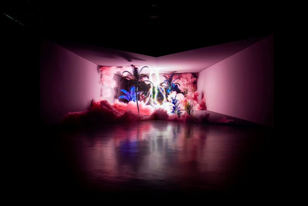 분홍색 구름, 야자수, 바닥의 빛 반사가 어둡게 빛나는 방입니다.