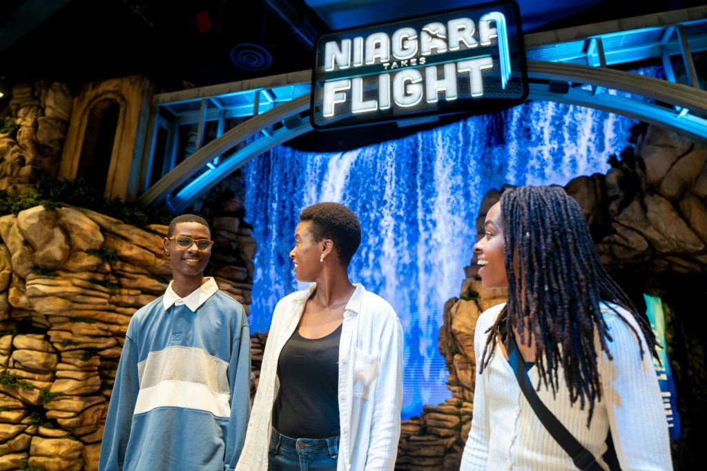 나이아가라 폭포를 배경으로 두 사람이 서 있으며, 그 위에는 "Niagara Takes Flight" 라고 적힌 표지판이 있습니다.