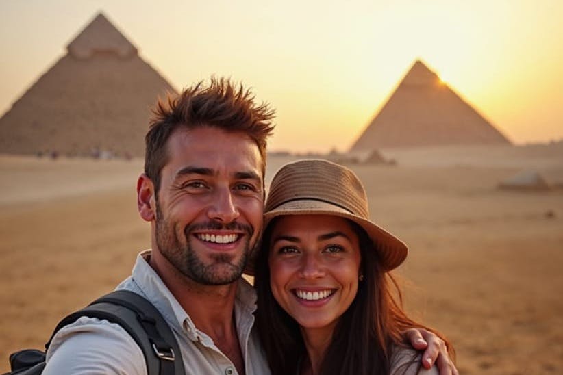 해 질 녘 피라미드 앞에서 웃는 커플이 셀카를 찍고 있습니다. 남자는 배낭을, 여자는 모자를 쓰고 있다.
