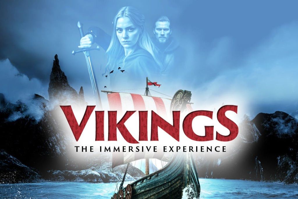 바이킹 장수와 극적인 장면의 두 캐릭터가 등장하는 '바이킹: 몰입형 체험' 홍보 이미지.