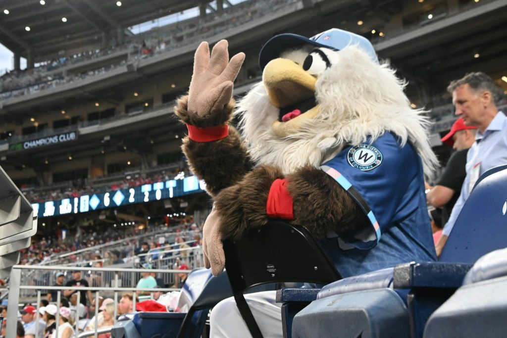 야구 경기장을 배경으로 파란색 져지와 캡 웨이브를 입은 의상을 입은 독수리 마스코트.