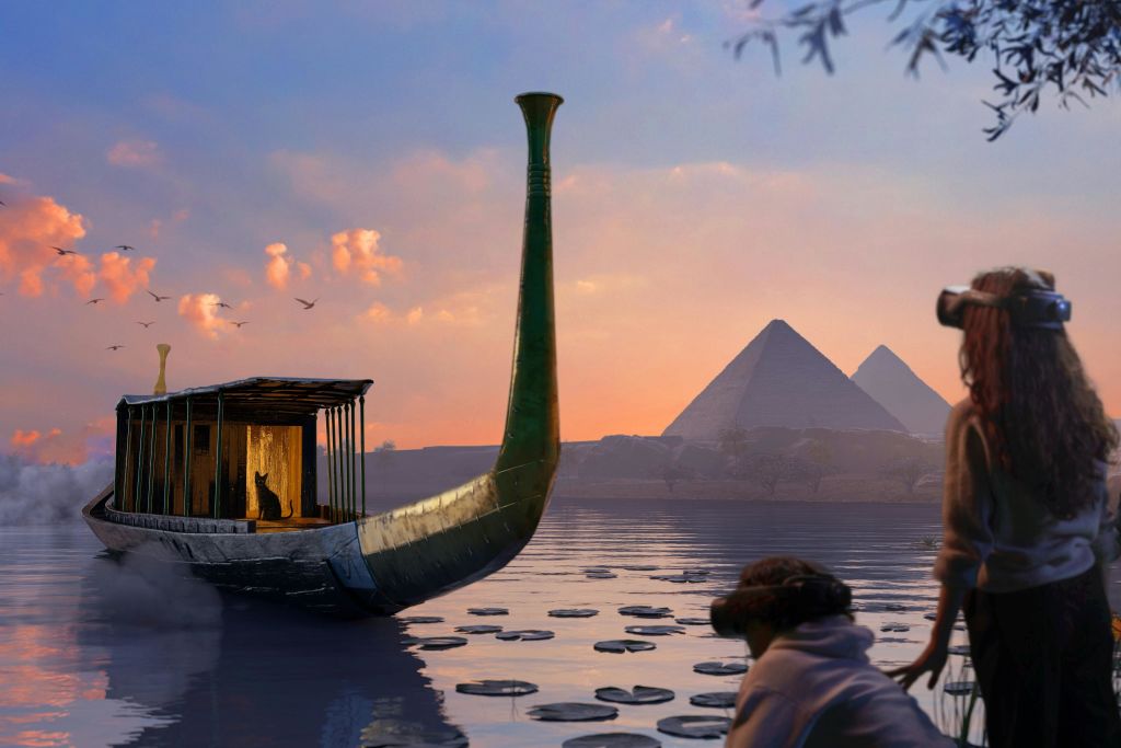 Solar barque, Egypt, virtual reality headset, pyramids, Bastet guide