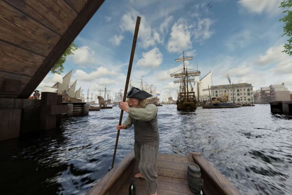 푸른 하늘 아래 역사적인 항해선이 가득한 항구에 기둥이 달린 나무 보트를 타고 시대 의상을 입은 남성이 항해하고 있습니다.