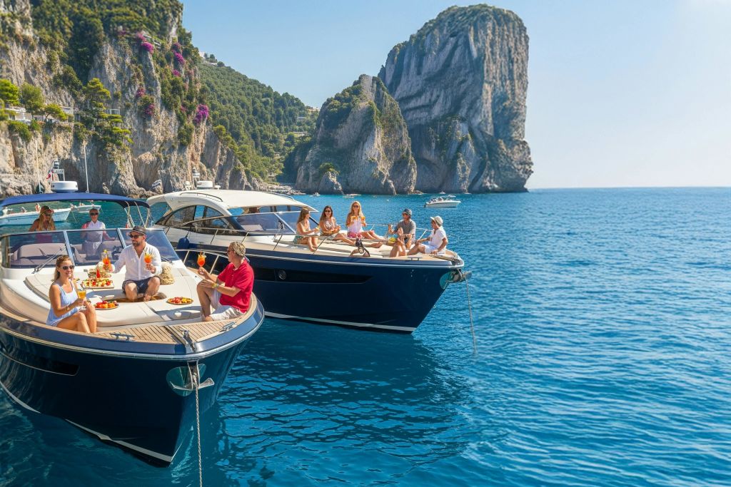 절벽 근처에 정박한 두 척의 보트와 갑판에서 휴식을 취하고 음료를 즐기는 사람들, 근처에 커다란 암석이 있는 맑은 하늘 아래.