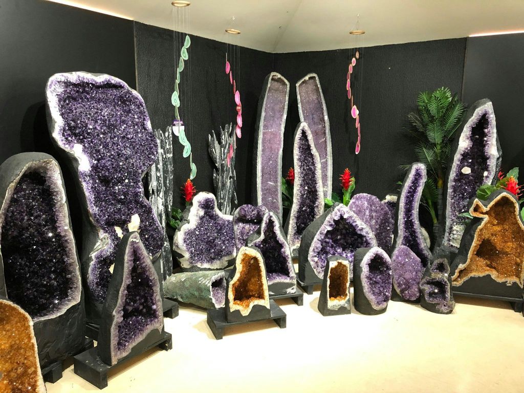 장식용 식물과 장식품을 배경으로 스탠드에 다양한 모양과 크기의 대형 자수정 지오드를 표시합니다.