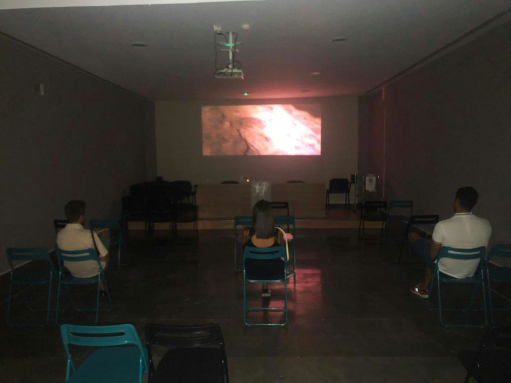 바위가 많은 지형 장면을 보여주는 투사 스크린을 마주보고 의자에 앉은 몇 명이 있는 희미한 조명 객실.