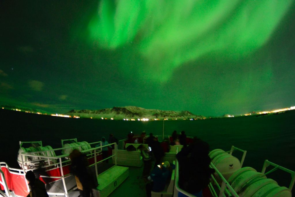 오로라가 밤하늘을 밝히고 보트가 초록빛으로 빛납니다.