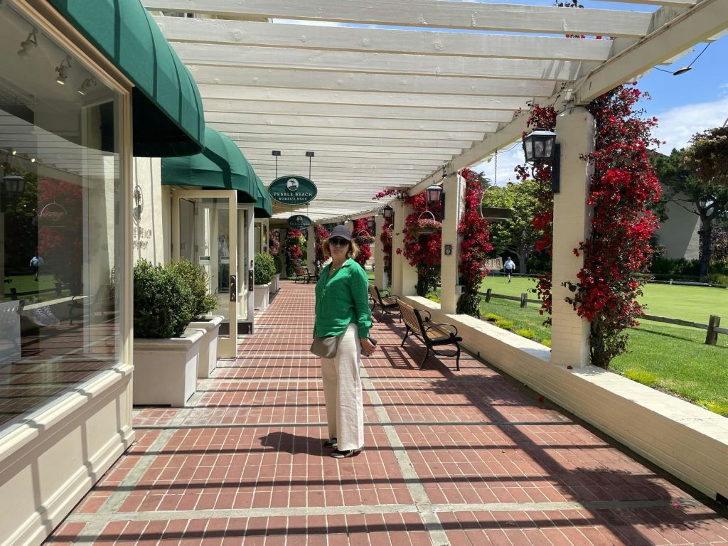 푸르름과 붉은 꽃을 배경으로 퍼걸러 아래 벽돌 통로에 서 있는 사람.