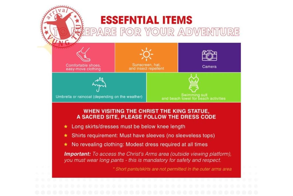 편안한 신발, 자외선 차단제, 카메라, 우산, 수영복, 수건 등 모험을 위한 필수 아이템이 그래픽으로 표시됩니다. 그리스도 왕상을 방문하기 위한 드레스 코드가 포함되어 있습니다.