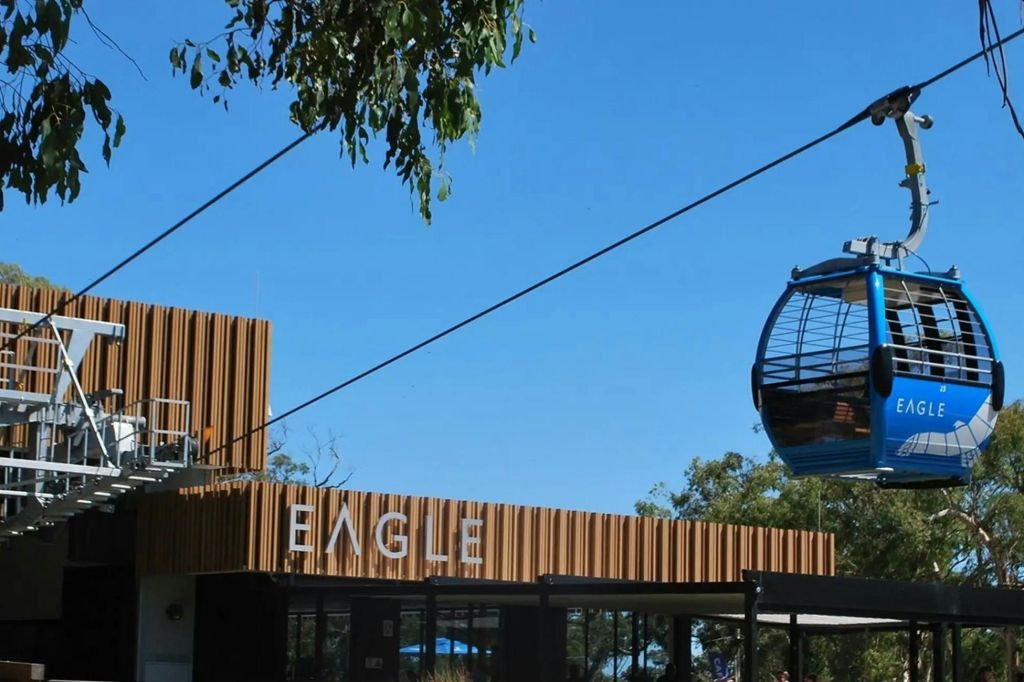 "독수리" 표지판이 있는 목조 건물, 위쪽의 케이블카, 나뭇가지, 맑고 푸른 하늘을 배경으로 한 건물.