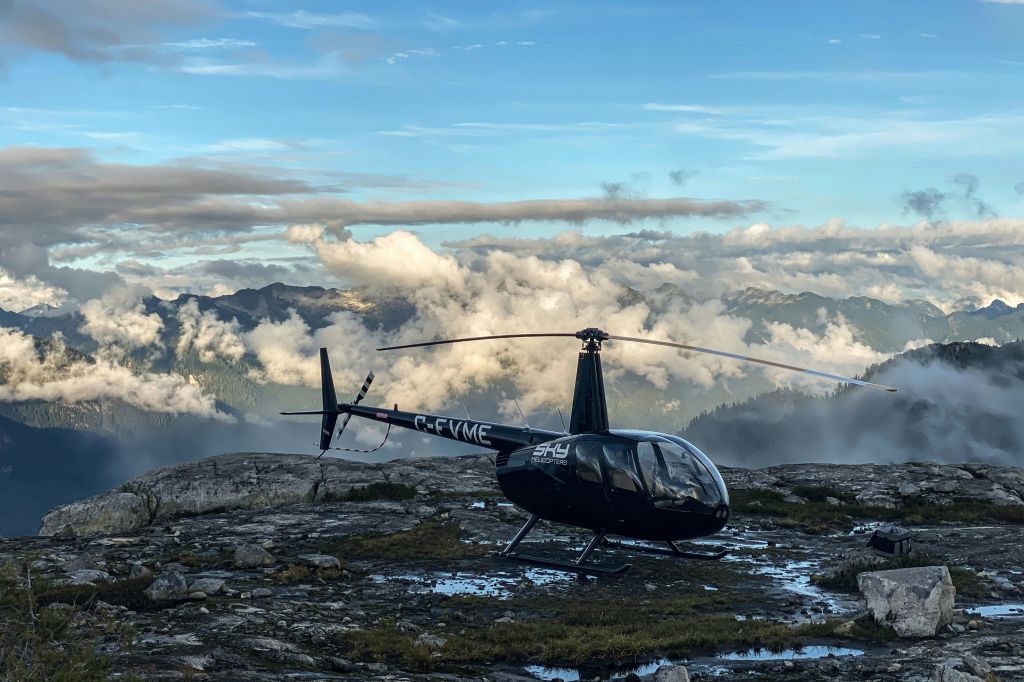 헬리콥터가 산 전망을 배경으로 산에 착륙했습니다.