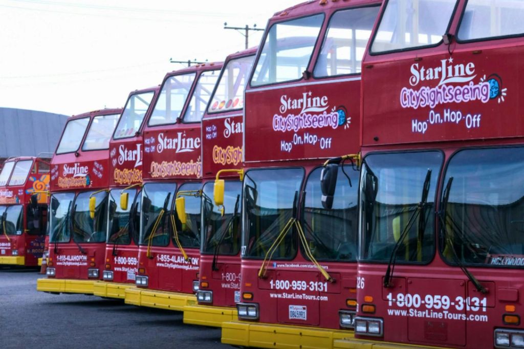 "StarLine CitySightseeing" 브랜딩이 표시된 빨간색 2층 관광 버스가 줄지어 주차되어 있습니다.