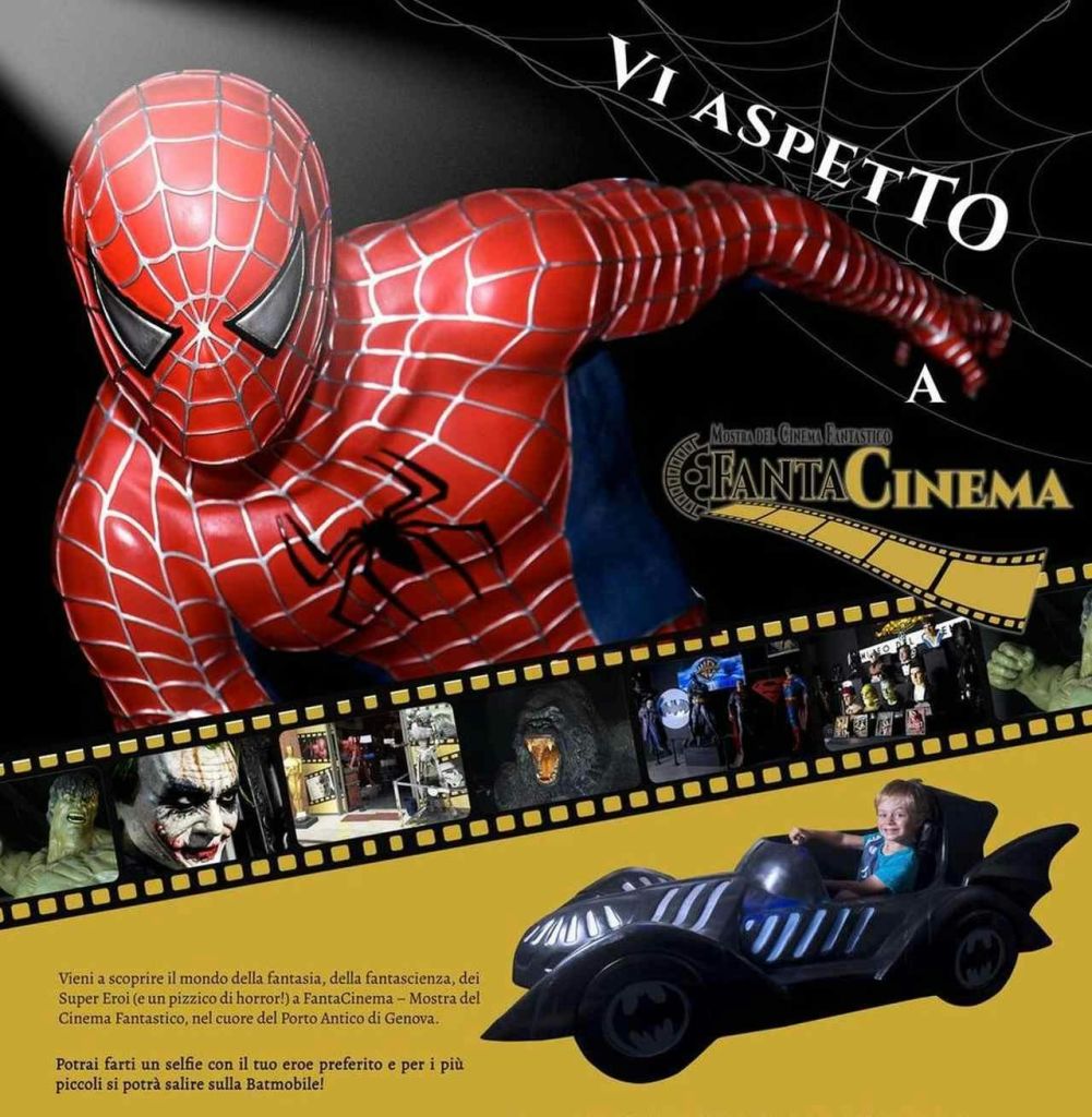 스파이더맨, 영화 스트립 이미지, 배트모빌을 타고 있는 어린이, "판타시네마" 를 홍보하는 텍스트가 담긴 광고.