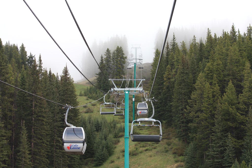 '레이크 루이스' 라는 이름의 스키 곤돌라가 줄지어 안개가 자욱하고 숲이 우거진 산악 지대를 지나갑니다.