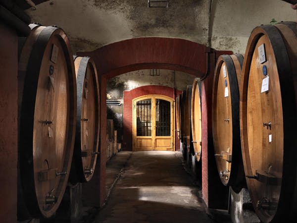 커다란 나무 통이 양쪽으로 늘어서 있고 통로 끝에 나무 문이 있는 희미한 조명 와인 저장고입니다.