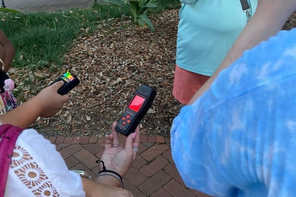 화면과 버튼이 있는 전자 기기를 들고 녹음으로 둘러싸인 벽돌 길에 서 있는 사람들.