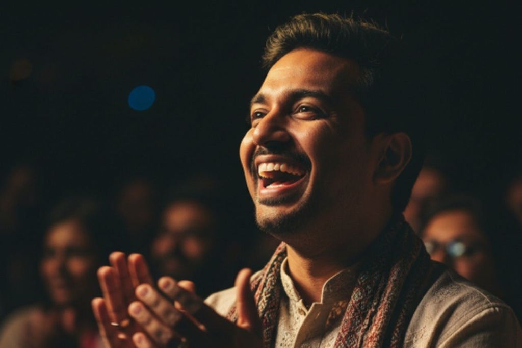 따뜻한 조명을 받으며 미소를 짓고 박수를 치는 사람으로, 전통 의상을 입고 어두운 배경에 둘러싸여 있습니다.