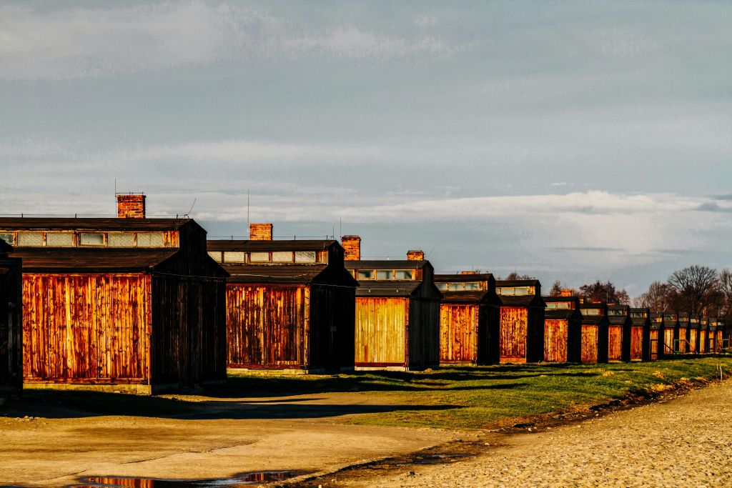 굴뚝이 있는 오래된 나무 막사가 줄지어 있고, 흐린 하늘 아래 정렬되어 있으며, 희박한 잔디 패치가 있는 흙길을 따라 설정되어 있습니다.