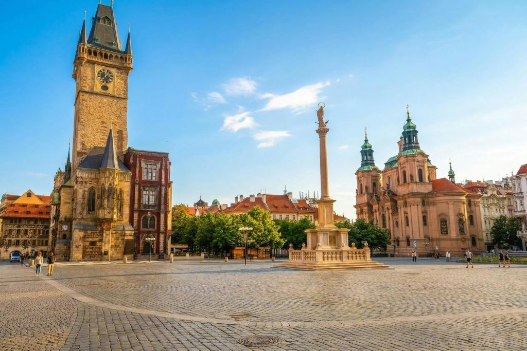 푸른 하늘 아래 나무와 건물로 둘러싸인 기둥 기념비, 오래된 시계탑, 교회가 있는 역사적인 광장입니다.